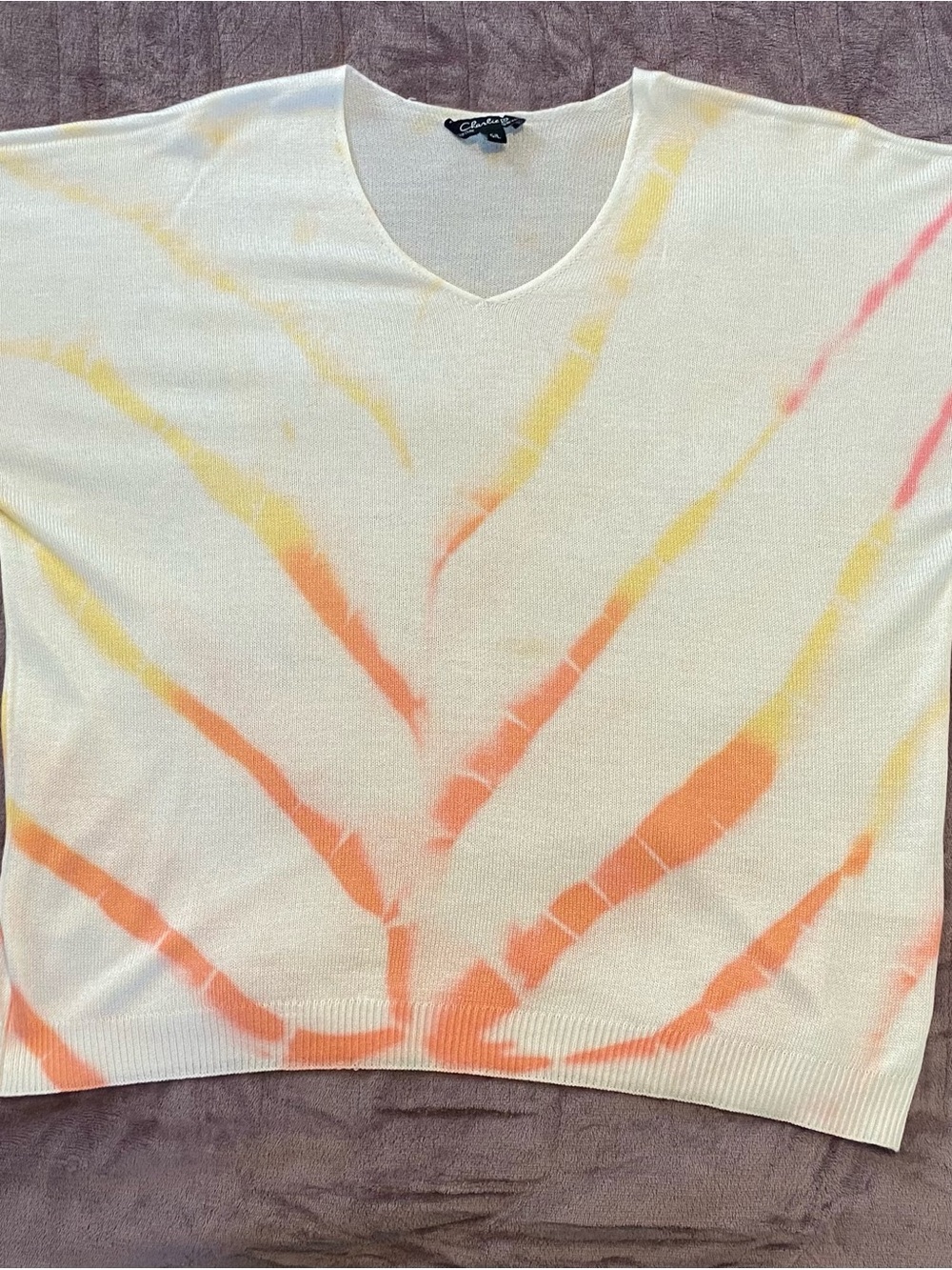 CHARLIE B Cream V-Neck Sweater with Orange & Yellow Tie-Dye